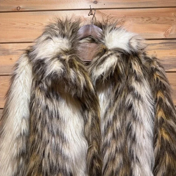 Vintage Long Hair FauxFur Statement Coat Brown Cream Tan Jacket Mobwife FestivaL - Picture 4 of 9